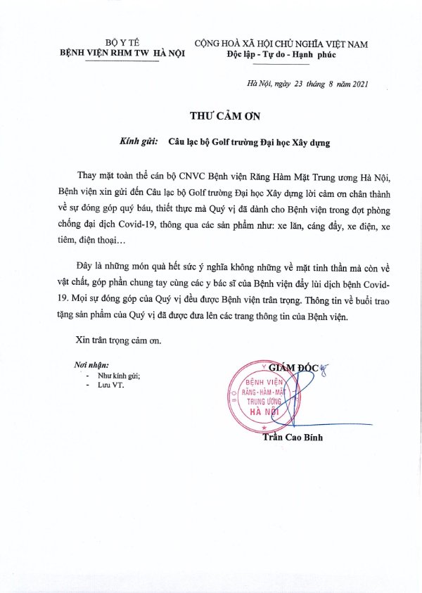 THƯ CẢM ƠN CLB GOLF TRƯỜNG ĐH XÂY DỰNG